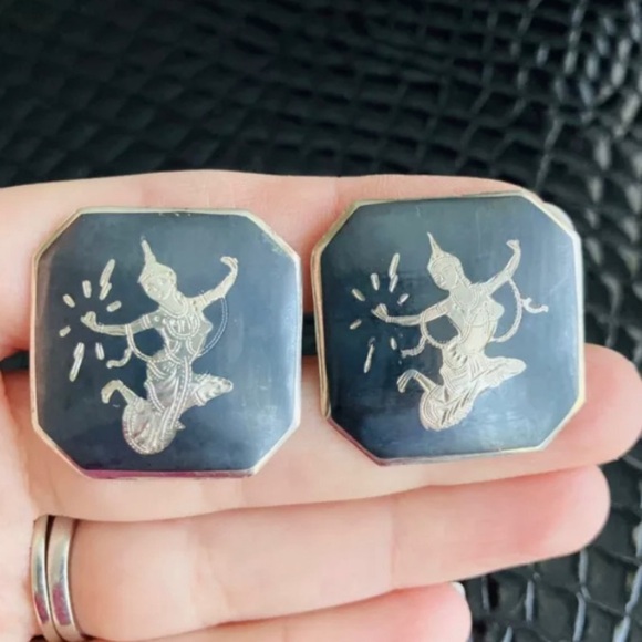ROYAL SIAM NIELLO ENAMEL STERLING XL CUFFLINKS - Picture 2 of 4